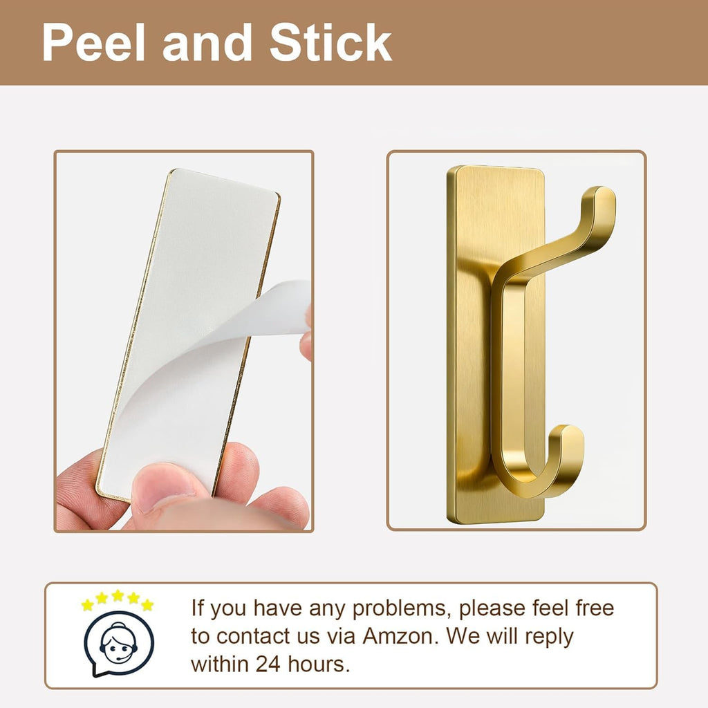 Pickpiff 12 Pack Wall Hooks - Strong 13LB Adhesive Coat & Towel Hangers in Brushed Gold