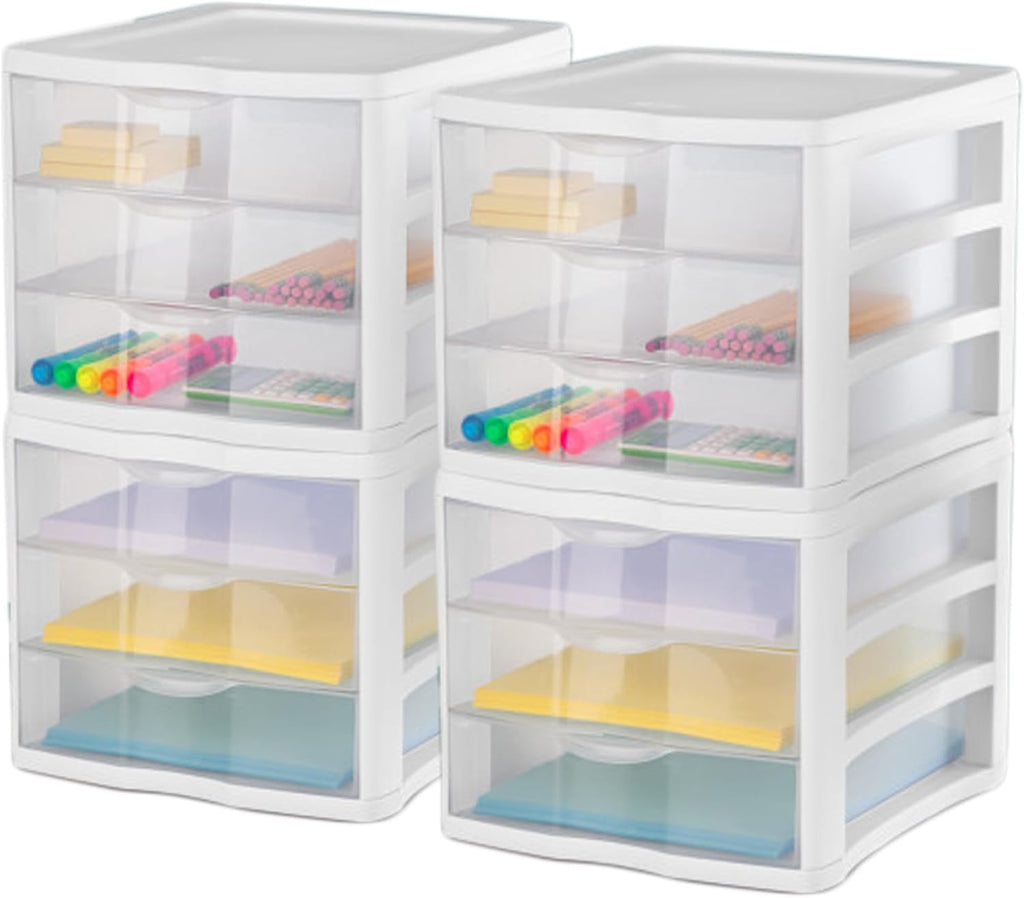 Sterilite ClearView 3-Drawer Stacking Storage Organizer System - Compact Design | 8 Pack