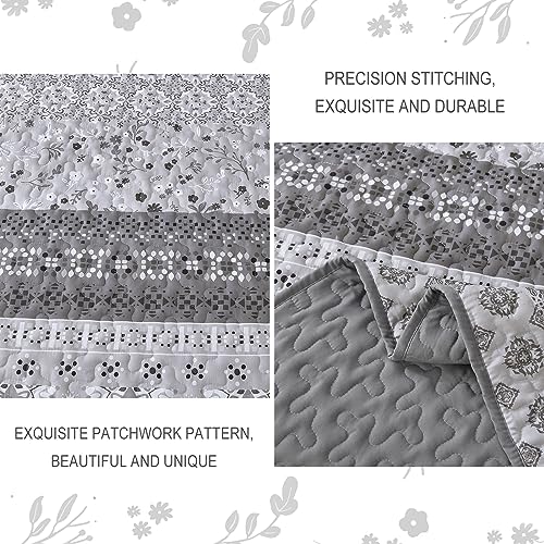 Queen Size Grey Floral Striped Quilt Set - 3 Pieces