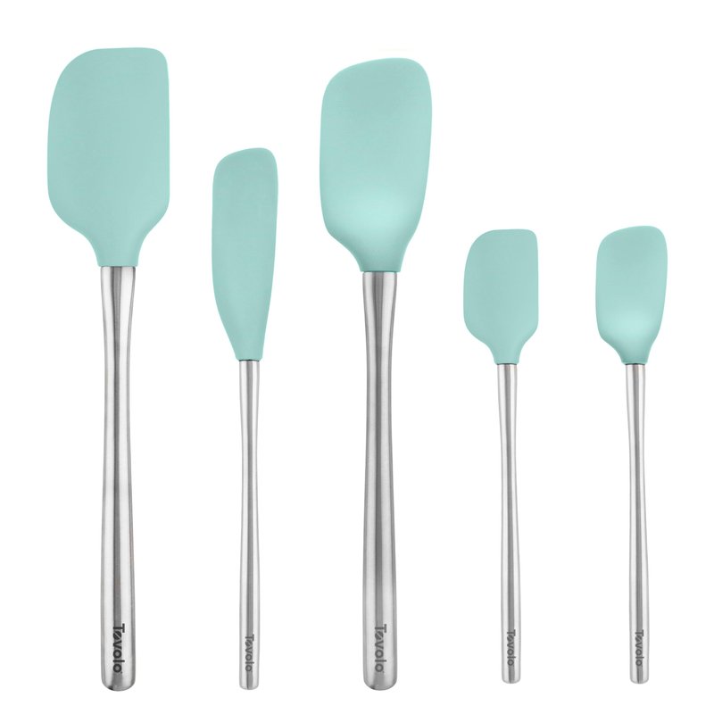 Tovolo Stainless Steel Handled Silicone Spatula Set of 5, Dishwasher Safe Kitchen Spatula Set for Cooking Baking, BPA Free Silicone Spatula set with Metal Steel Handle, Aqua Seafoam Green