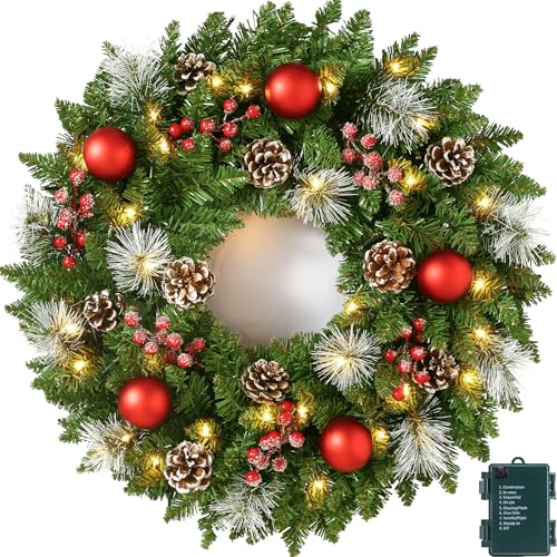 24 Inch Pre-Lit Artificial Christmas Wreath for Front Door, Door