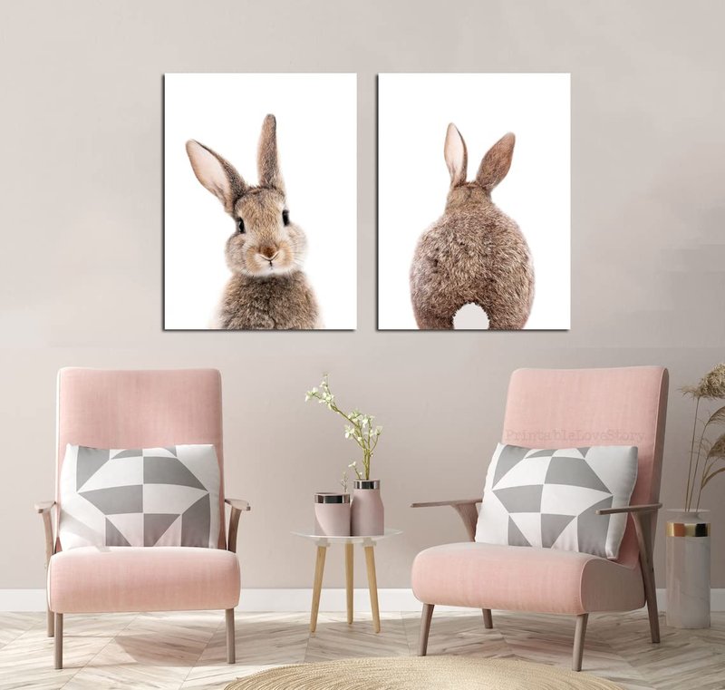 Mokihidream Nursery Wall Art Bunny Rabbit Canvas Print Wall Decor Woodland Animal Posters Kids Room Set of 2 Bedroom Decoration Bunny Rabbit Pictures Framed Wall Art