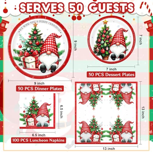 Homlouue Gnome & Christmas Tree 200-Piece Disposable Dinnerware Set - Plates & Napkins, Serve 50
