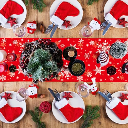 Red Snowflake 6-Pc Plastic Table Runners Set 14x108in for Christmas Party