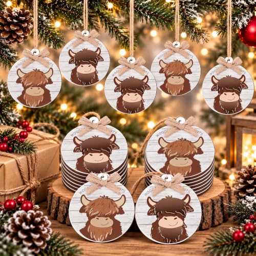 Geelin Highland Cow Christmas Ornaments Set — 12 Lightweight 3D Wooden Decorations