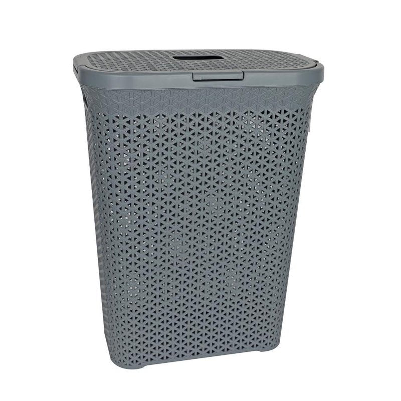 YBM Home Plastic Rattan Laundry Hamper Basket with Hinged Lid, Ventilation Holes, Durable, Lightweight Bin With Cutout Handles, Storage Dirty Clothes, Space Saver, 10.5" x 17.5" x 23.75", Grey