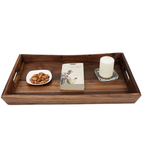 MAGIGO 22 x 14 Inches Large Rectangle Curved Black Walnut Wood Ottoman Tray with Handles, Serve Tea, Coffee, Classic Wooden Decorative Serving Tray