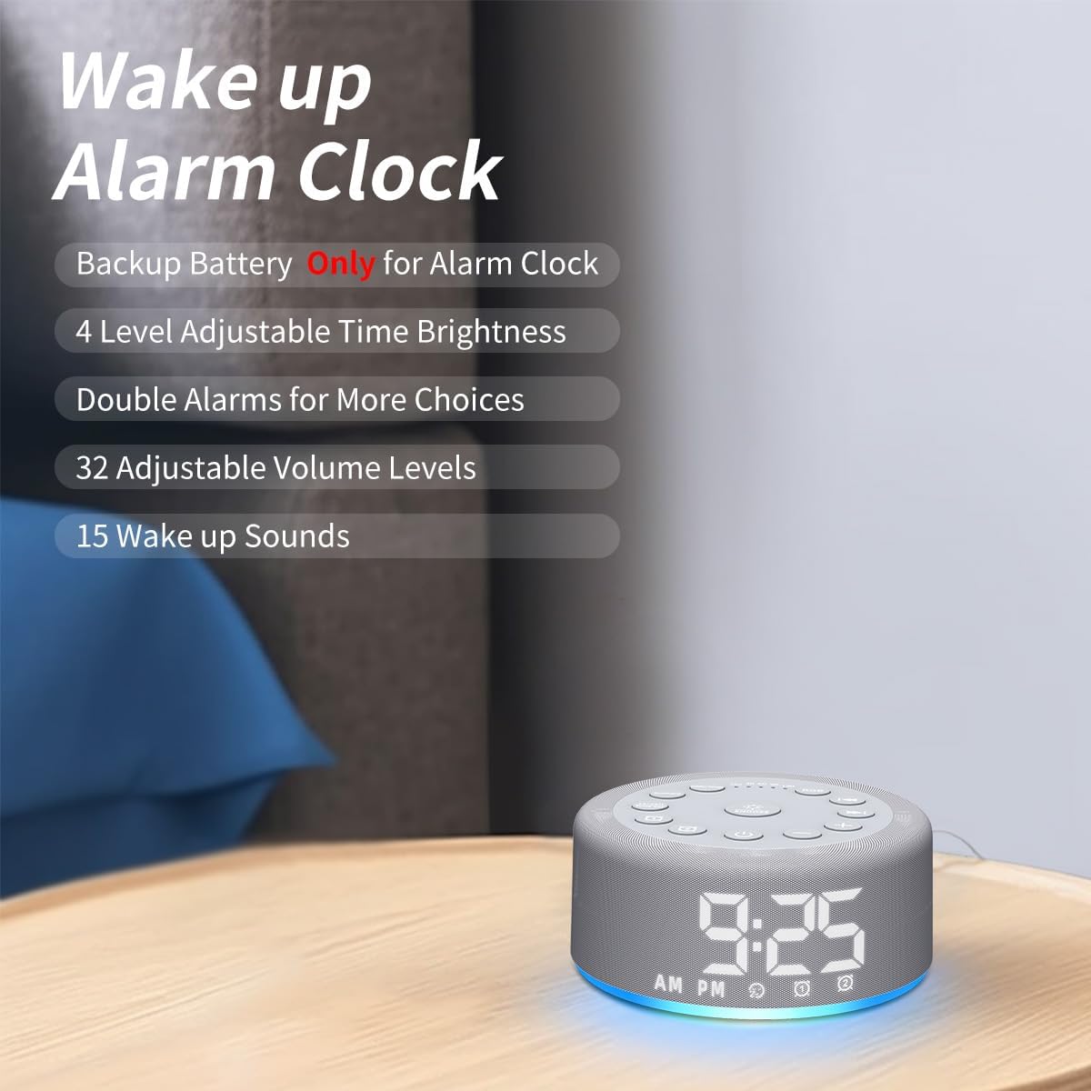 Skiennix White Noise Machine - Dual Alarm Clock with Rechargeable Battery & Night Light | 30 Sounds, 5 Timers