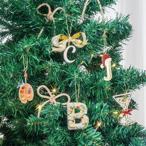 Personalized Initial Christmas Ornament with Red Hat Hanging Letter Decor