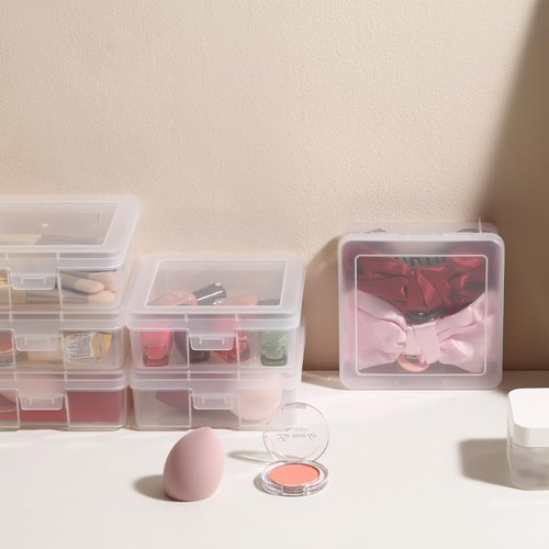 18 Pack Storage Containers - Clear Plastic Boxes with Latching Lid | Small 5” x 5” x 1.9” for Office & Beauty