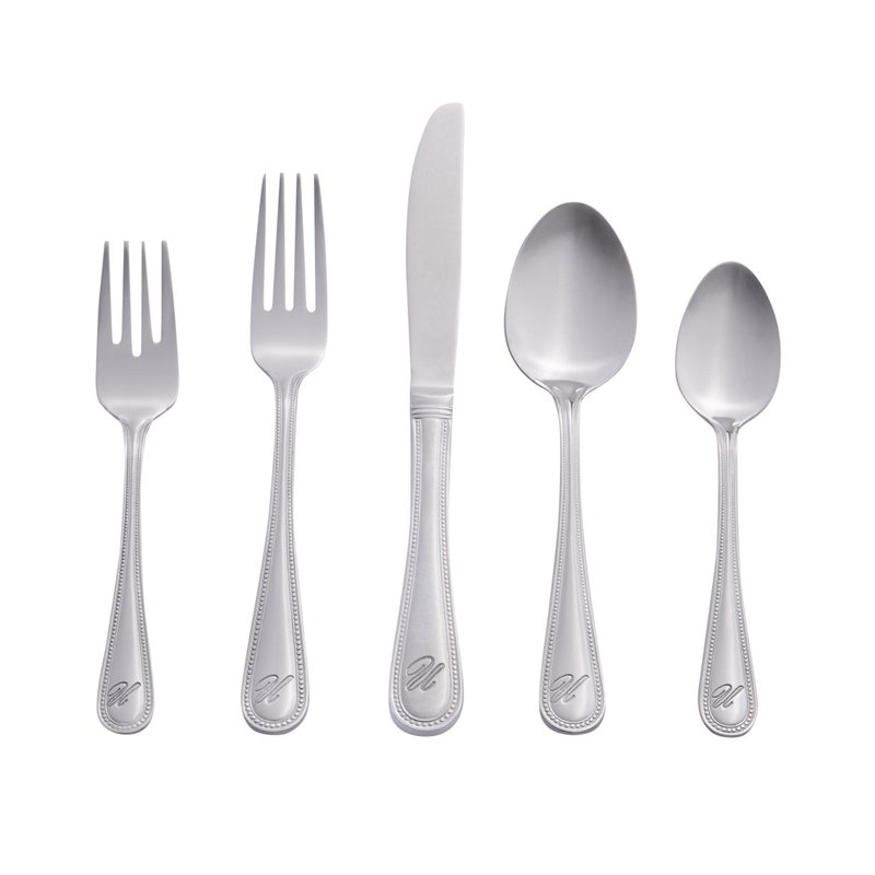 RiverRidge Monogrammed Beaded Flatware Set - U - 46-Piece Silverware with Custom Letter Stamp, 18/0 Stainless Steel Utensils Set for Daily Use & Special Occasions - Dishwasher Safe, Versatile Design
