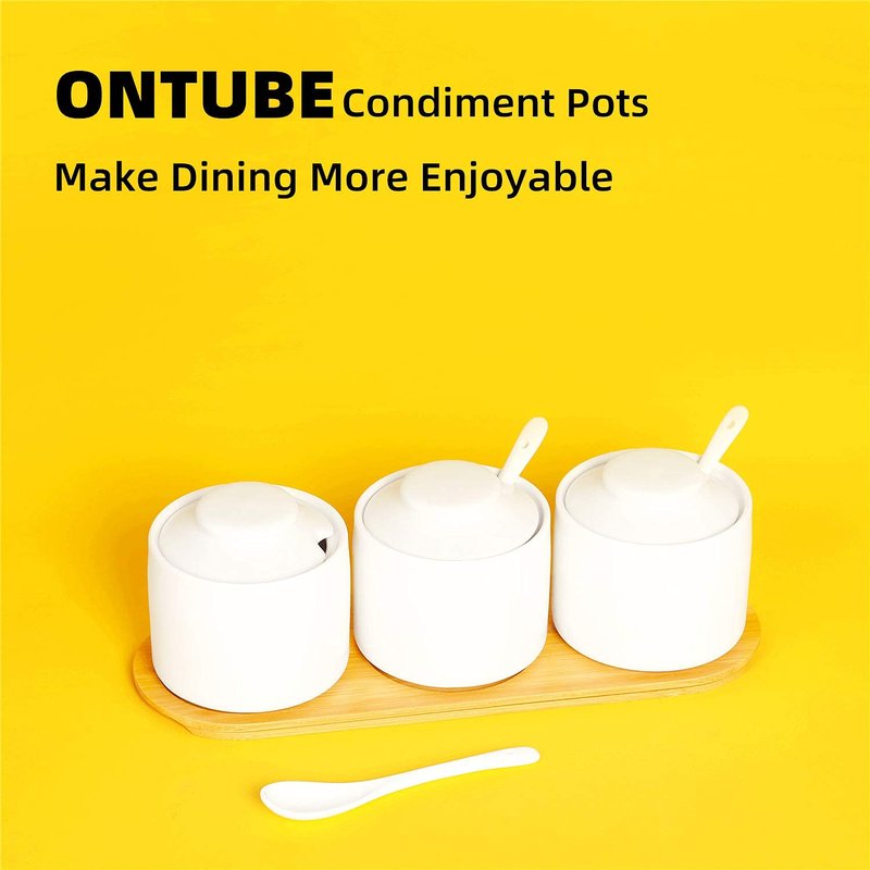 ONTUBE Porcelain Condiment Jar Set of 3 Spice with Tray, Ceramic Condiment Pot Spoon and Lid, Seasoning Box,Sugar Bowl, 8oz (White)