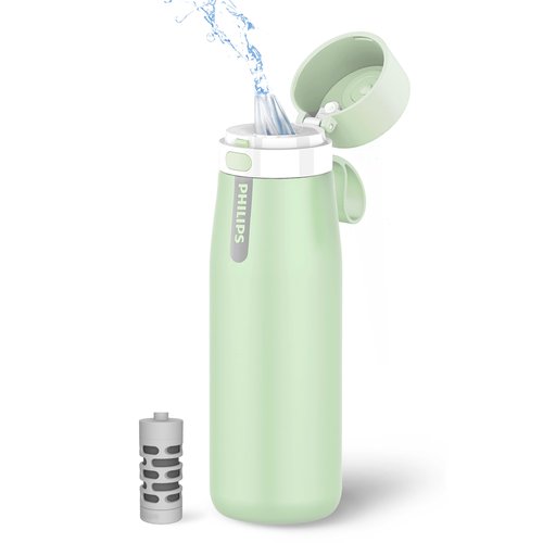 PHILIPS Water Bottle with Filter, Filter Water Bottle Stainless Steel with GoZero Everyday BPA-Free Tap Water Filter, Water Filter Bottle Keep Drink Cold 24 Hours, 1 Filter for 40 gal / 2 Months