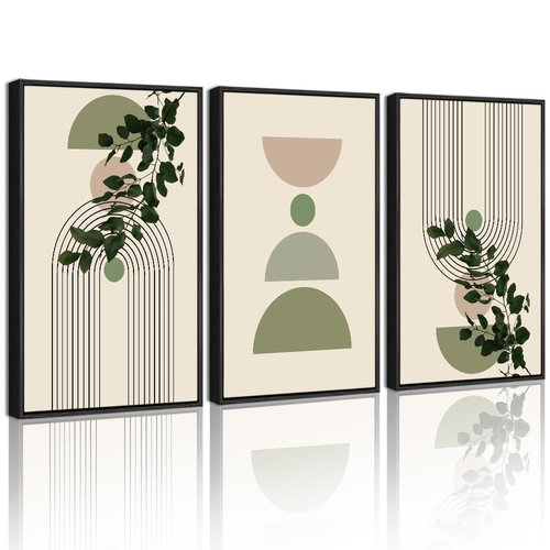 Drsoum 16x24in Green Botanical Boho Wall Decor Framed Modern Sage Bohemian Wall Art Abstract Geometry Canvas Prints Ready to Hang Black Framed
