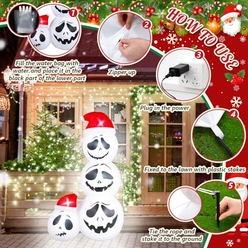 Leyndo 6ft Halloween Skeleton Inflatable with Santa Hat | LED Outdoor Yard Decor