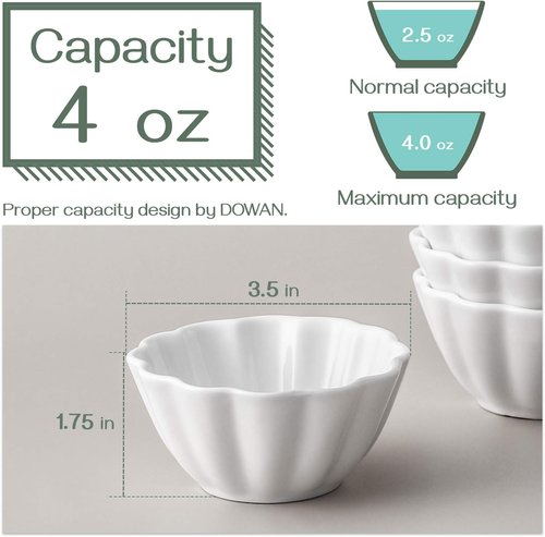 DOWAN Ramekins - 4 oz Flower-Shaped Porcelain Baking Cups | Set of 6 Oven Safe White Custard Bowls