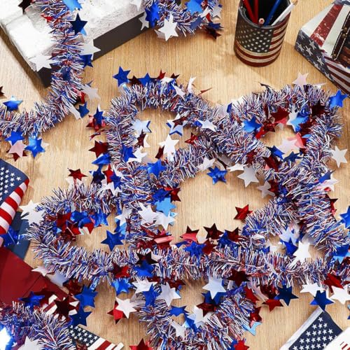 Patriotic Red White Blue Star Tinsel Garland - 33ft Metallic Party Decor