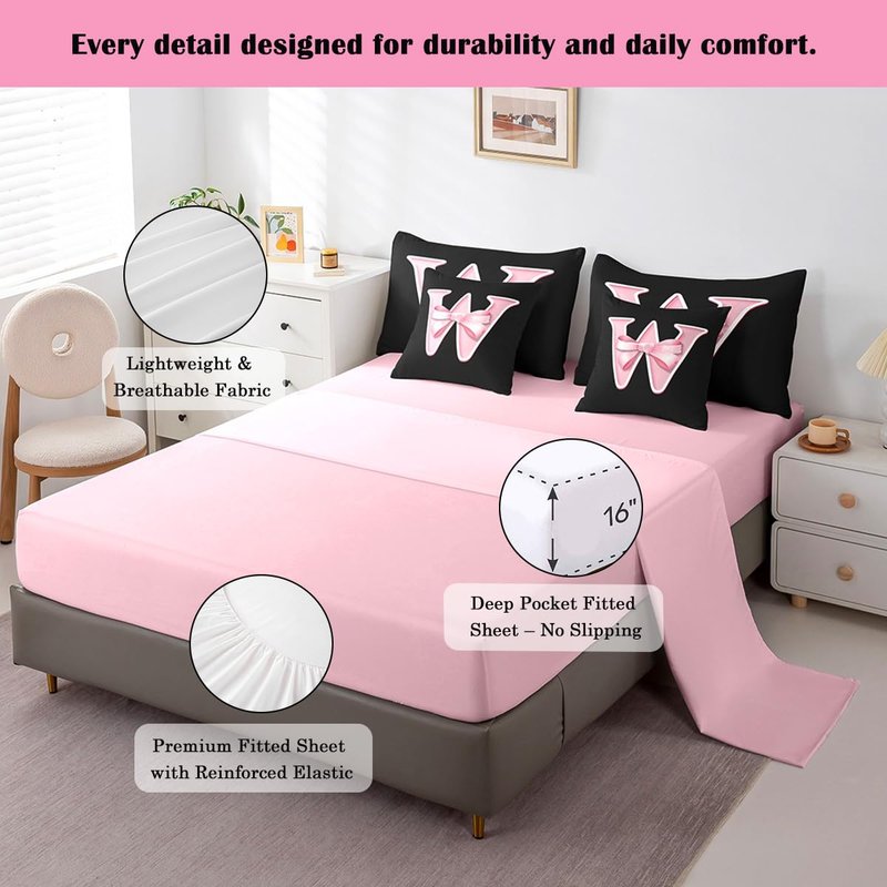 jejeloiu Kawaii Pink Bow Queen Comforter Set with Sheets,Gifts for Women Teen Girl,Monogrammed 7 Piece Bedding Set,Soft Personalized Initial Letter W Bed in a Bag with Comforter,Sheets,Pillowcases