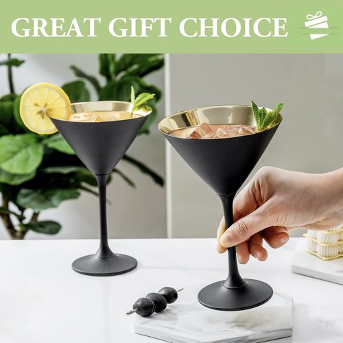 MyGift 8 Ounce Modern Matte Black and Metallic Gold Tone Plated Martini Glasses, Drinking Glass for a Cocktail Party, Wedding, or Anniversary Dinner, Set of 2