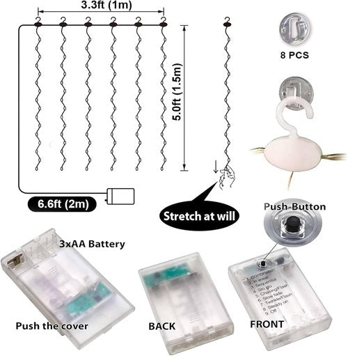 HXWEIYE Short Curtain Lights - 3.3x5Ft Warm White Fairy Light with Timer & Clips | Battery Powered 96LED for Indoor Decor