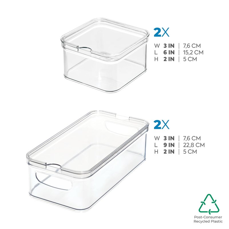 iDesign Crisp 4-Piece Recycled Plastic Refrigerator Organizer Bin Set with Lids, Clear/White