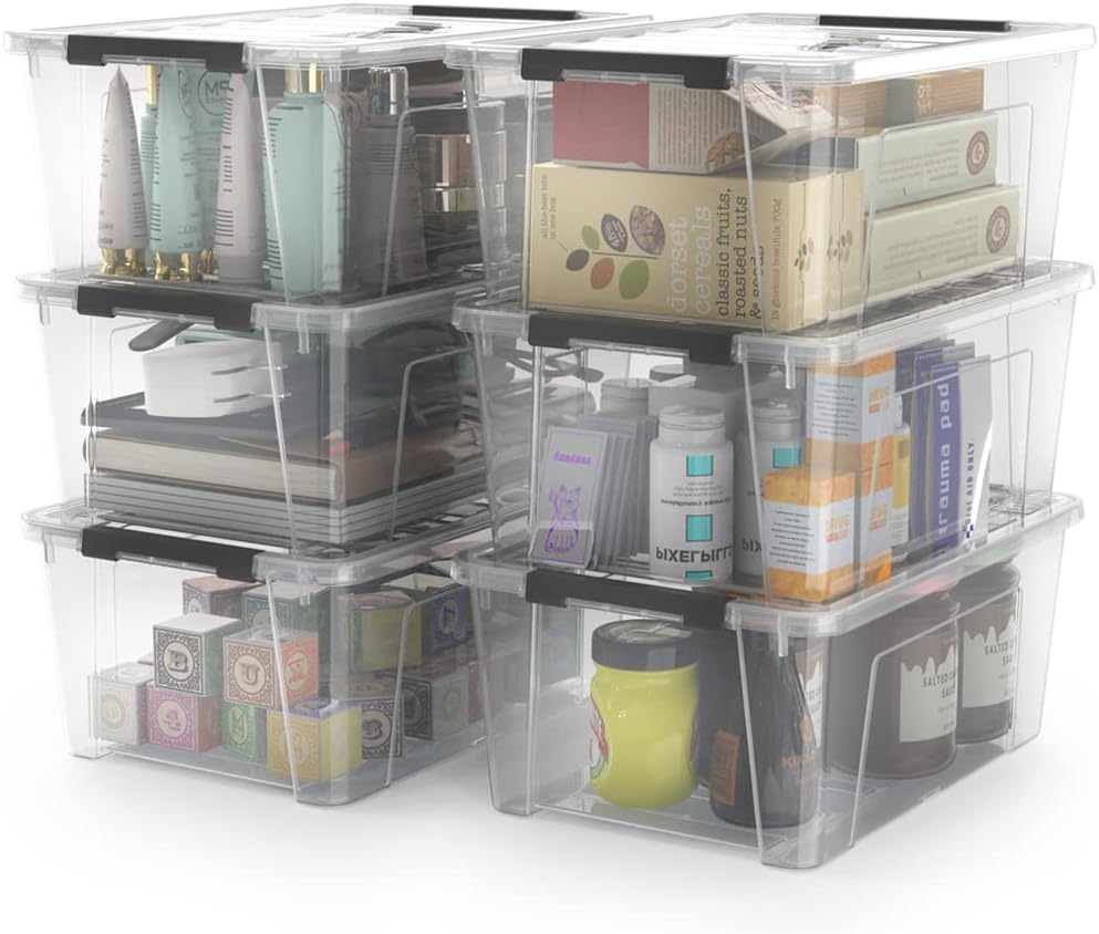 WYT Clear Storage Latch Bins - 6-Pack Organizer Boxes with Handles and Lids | 5-Litre Capacity