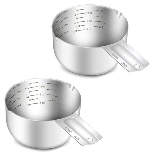 BERYLER 2PCS 2Cup (480ml, 16oz) Single Measuring Cup, Etched Inner Scale Stainless Steel Measure Scoop, Metric and US Measurement, Dishwasher Safe