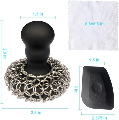 316 Chainmail Scrubber - Ergonomic Cast Iron Cleaner with Silicone Handle | Dishwasher Safe, Black