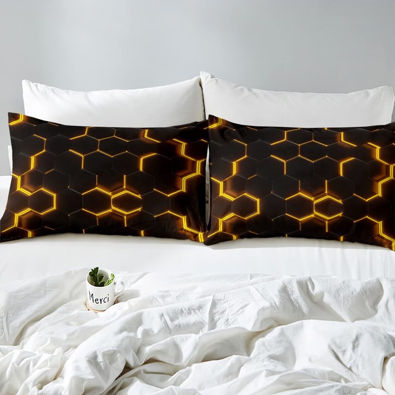 Feelyou Honeycomb Bedding Sheets Twin Size Yellow and Brown Neon Lights Bed Sheet Set Geometric Hexagon Bedding Set 3pcs for Kids Boys Girls Bedroom Decor Black Sheet Set with 1 Pillowcase