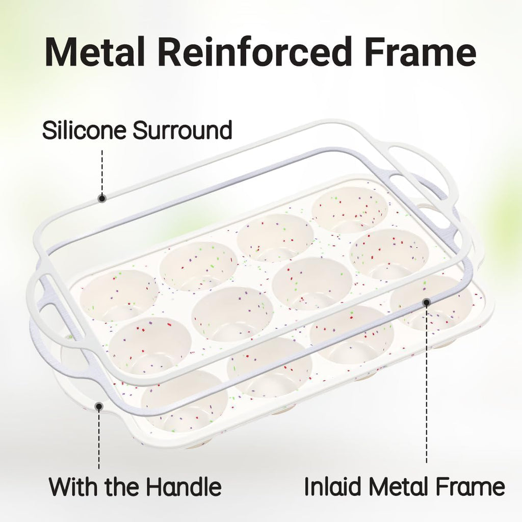 Skiennix Silicone Muffin Pans - Nonstick 12-Cup Baking Tray with Metal Reinforced Frame | BPA Free, Dishwasher Safe