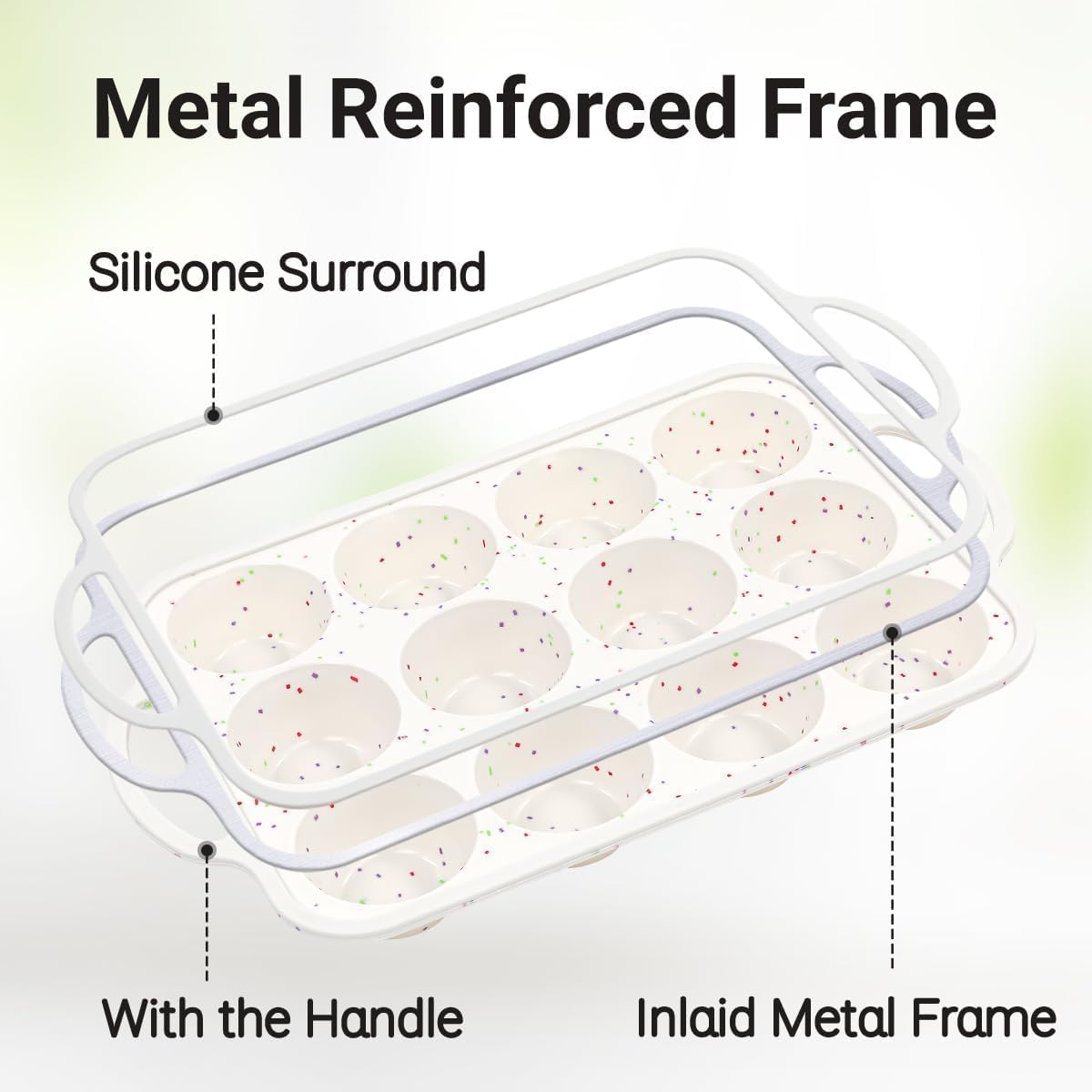 Skiennix Silicone Muffin Pans - Nonstick 12-Cup Baking Tray with Metal Reinforced Frame | BPA Free, Dishwasher Safe