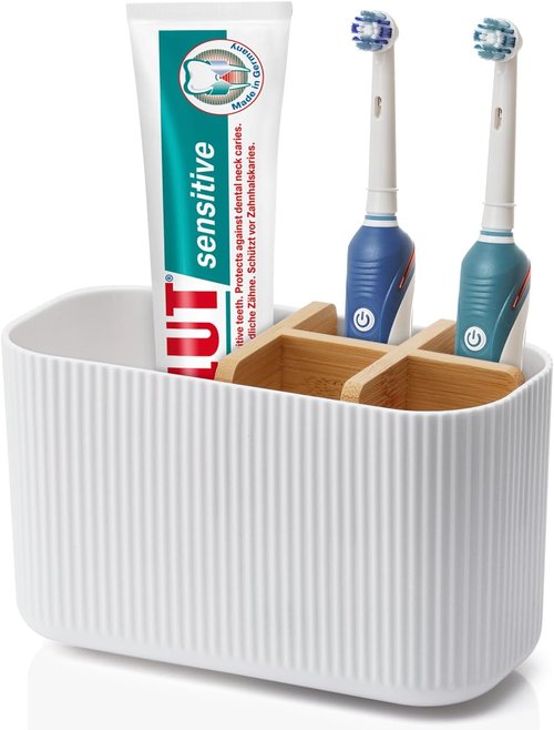GFWARE Bamboo Toothbrush Holder - Stylish Organizer for Electric & Kids Toothbrushes | White Finish