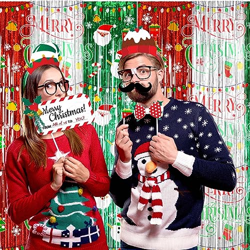Avezano 3pc Christmas Foil Fringe Curtains 3.3x6.6ft Doorway Backdrop Set