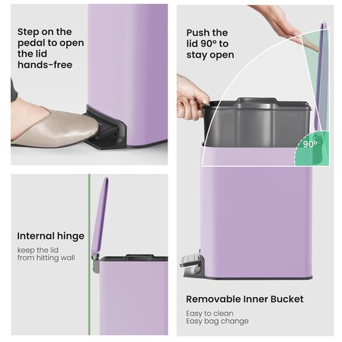 Cesun Stainless Steel Small Bathroom Trash Can - Soft Close Lid, 6 Liter Capacity, Anti-Fingerprint Finish | Purple