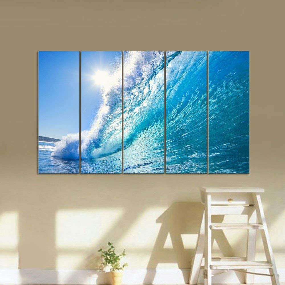 Wieco Art Sea Waves Large 5 Piece Modern Giclee Canvas Prints Seascape Artwork Ocean Beach Pictures Paintings on Canvas Wall Art Ready to Hang for Living Room Bedroom Home Office Decorations