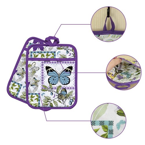 MIJOTEX 5Pcs Set Apron, Oven Mitts and Pot Holders BBQ Gloves with Printed Designs Cooking Gloves for Cooking Baking Grilling (5-Piece Set) (5, Purple Butterfly)