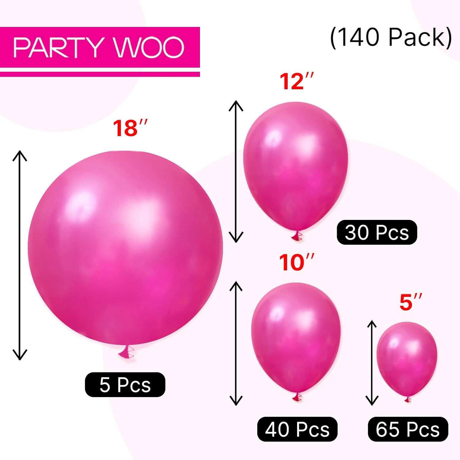 PartyWoo Hot Pink Pearl Balloons - 140pcs in 5-18 Inch Sizes | Perfect for Bridal, Baby Shower & Birthday Decor
