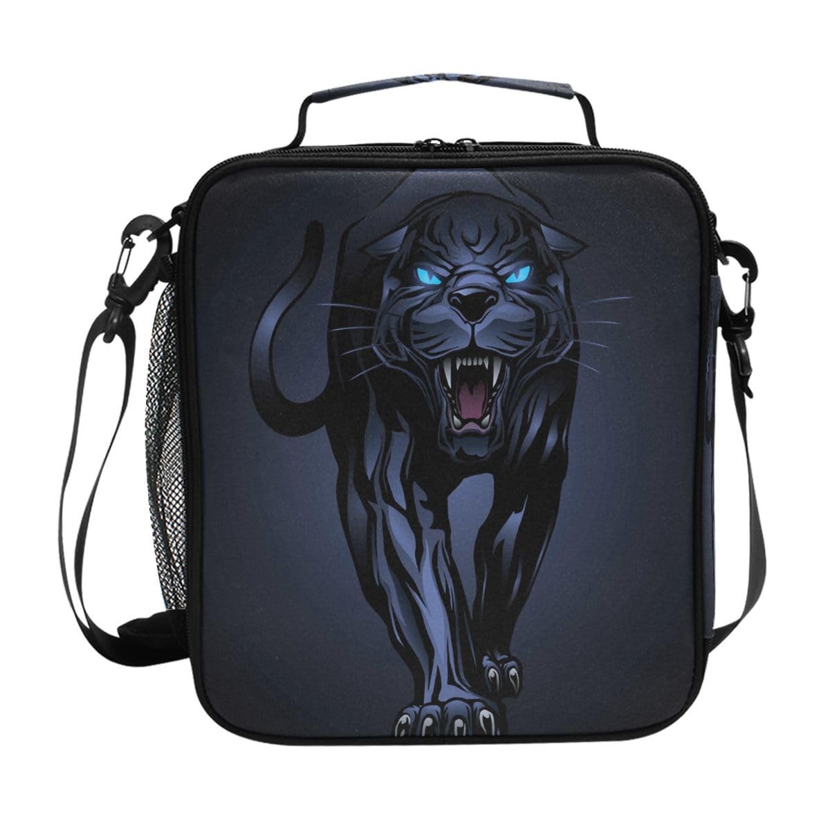 ZOEO Lunch Box, Angry Black Panther Prep Kids Cooler Insulated Lunch Bag Tote Freezable Shoulder Strap Waterproof Picnic Meal for School Office
