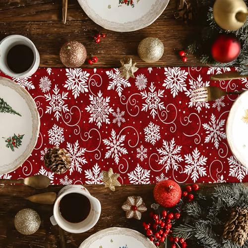 Onekaccu 13x36 Inch Red Snowflakes Table Runner for Holiday Dining Decor