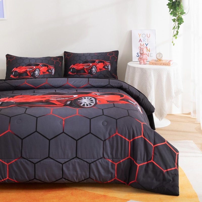 Podol 3 Pieces Race Car Comforter Set Full Size Red Sports Car Bedding Sets for Boy 3D Geometric Bed in a Bag Kids Extreme Sports Theme Quilt Set
