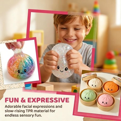 Dumpling Squeeze Toy - Glitter Soft Dough Stress Ball with Steamer Box | Sensory Gift for Kids & Adults (A-Blue)