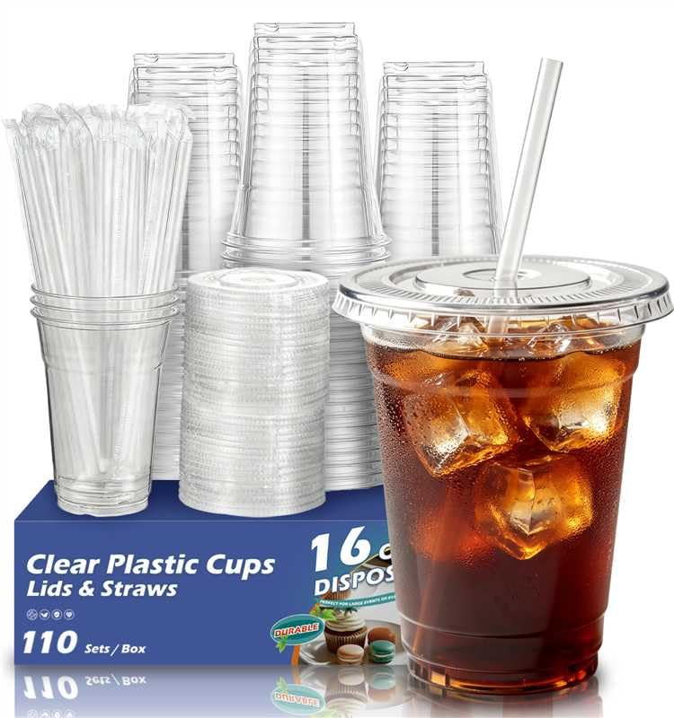 16 oz Clear Disposable Plastic Cups with Lids and Straws - 110 Pack