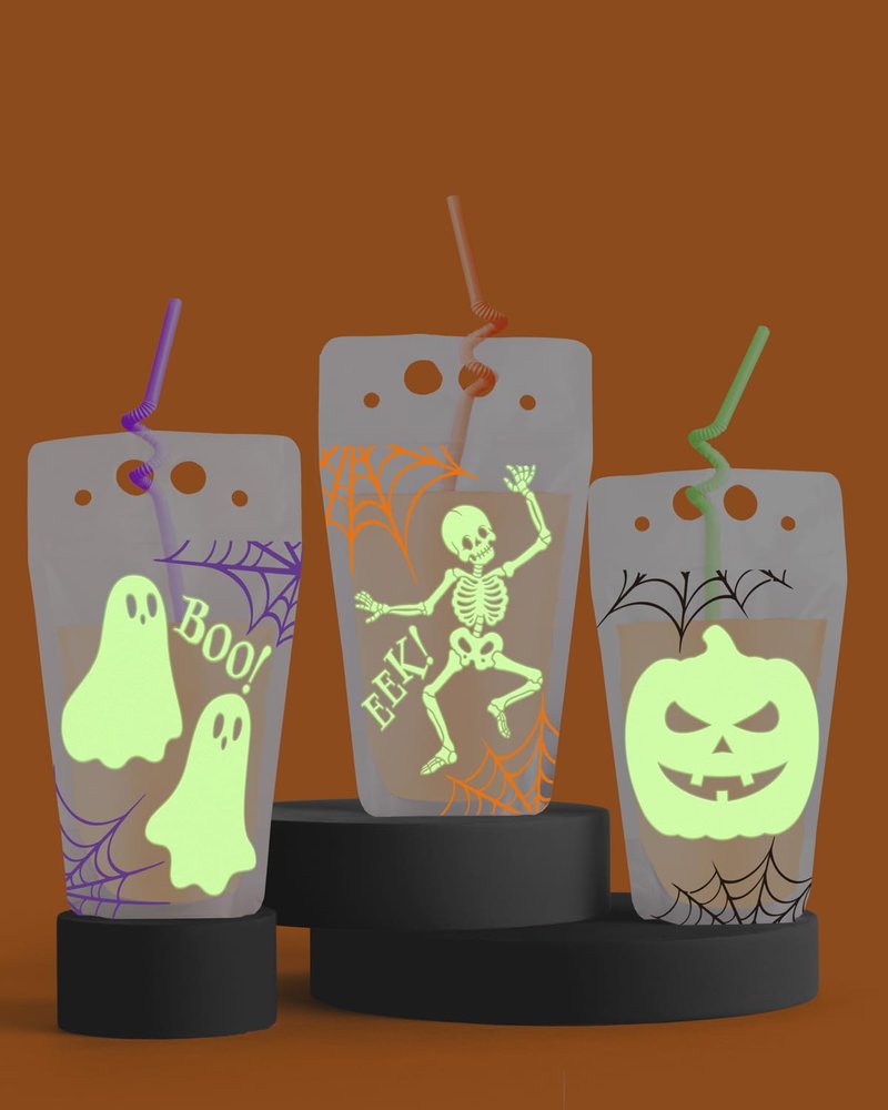xo, Fetti Glow In Dark Halloween Party Drink Pouches + Straws - 15 Pcs | Halloween Cups, Spooky Party Decorations, Skeleon Party Favors, Ghosts, Pumpkin, Spiderwebs