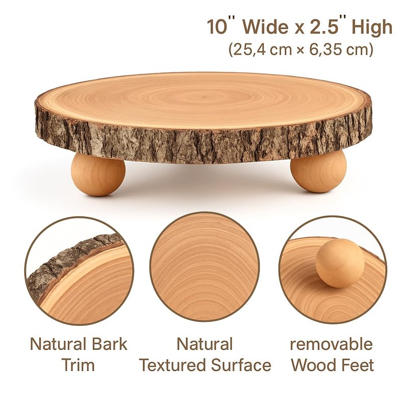 timber tree 10 inch Wood Cake Stand for Dessert Table - Round Rustic Cake Holder Tray Wooden Serving Platter Pedestal Centerpiece Decoration with Sturdy Legs for Wedding Cakes