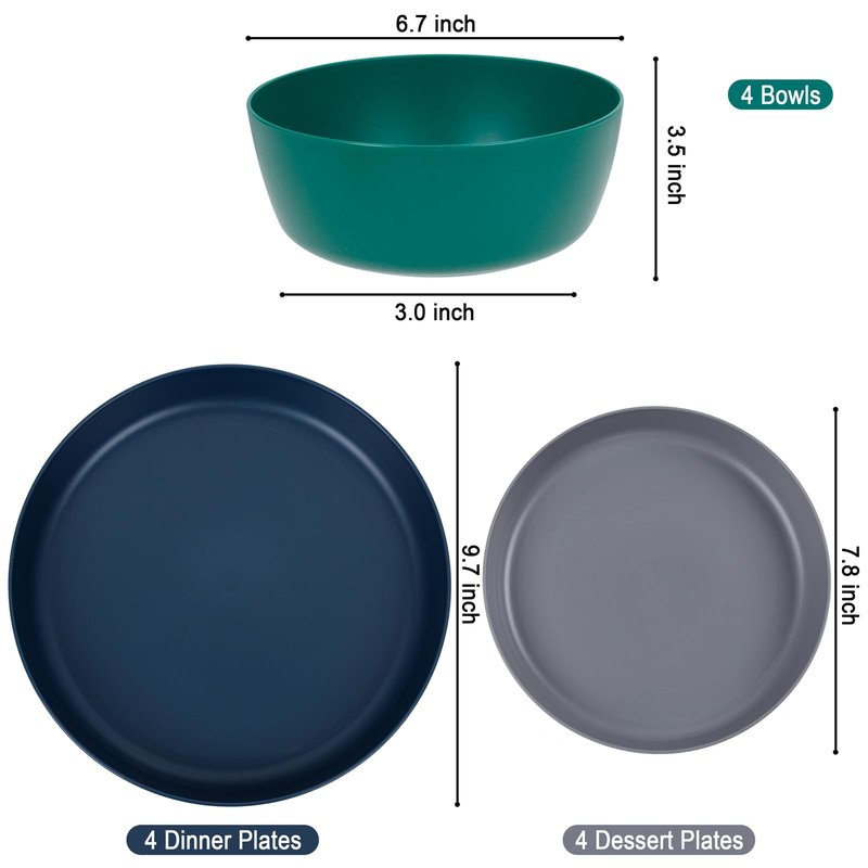 EI 12pcs Wheat Straw Plates,Plastic Plates Reusable,Unbreakable Plastic Plate,Wheat Straw Dinnerware Set,Melamine Plate-Black,Dark Grey,Dark Green,Dark Blue,Dinner, Camping,Picnic