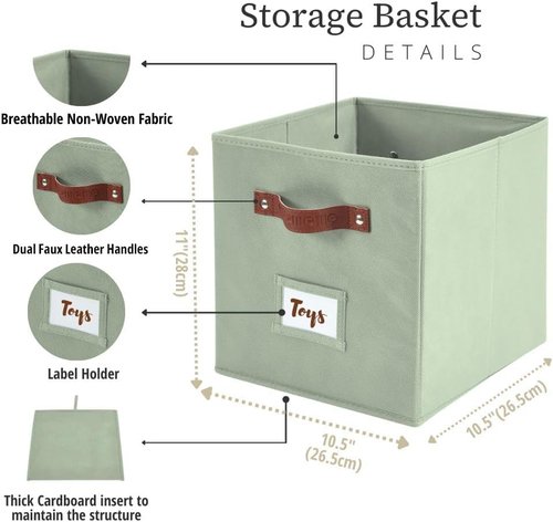 DECOMOMO Storage Bins - Fabric Cube Storage Bins with Labels | 10.5" x 11" | 2-Pack in Sage Green