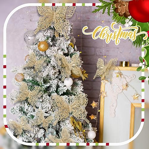 Jutom 24 Pcs Champagne Gold Butterfly Christmas Ornaments – Glitter 3 Sizes with Clips & Stems