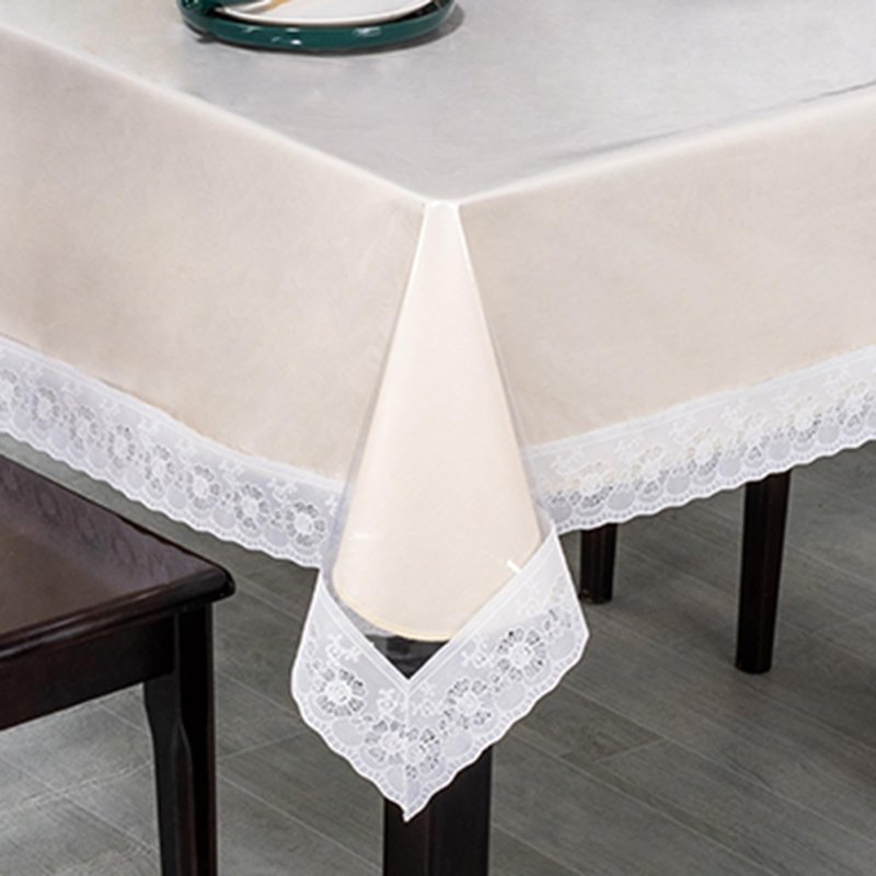 Lace Trim Tablecloth, Crystal Clear Vinyl, Waterproof Plastic Table Cover with Decorative White Border for Dining Tables (60x90in)
