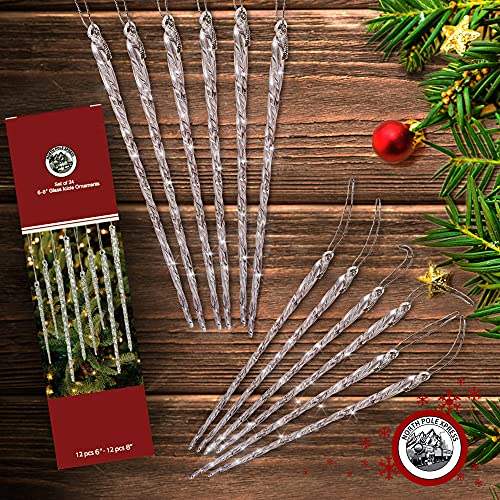 Large Clear Glass Icicle Christmas Ornaments - Set of 24, Frost Look, 6 & 8 Inches