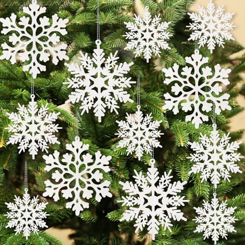 White Glitter Snowflake Christmas Tree Ornaments - 36 Pack Shatterproof Set